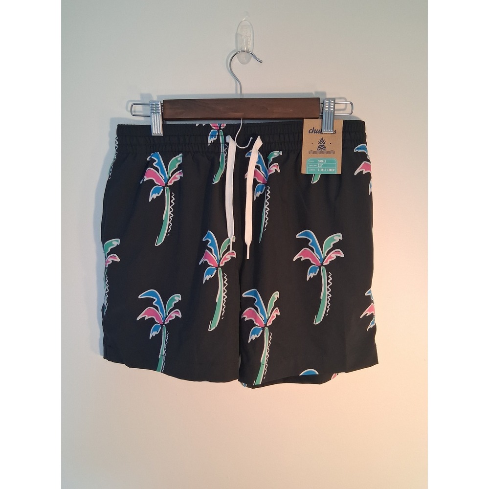 Retro Vaporwave Chubbies Palm Tree Swim Trunks Men Small Black 5.5 Inseam 2-in-1